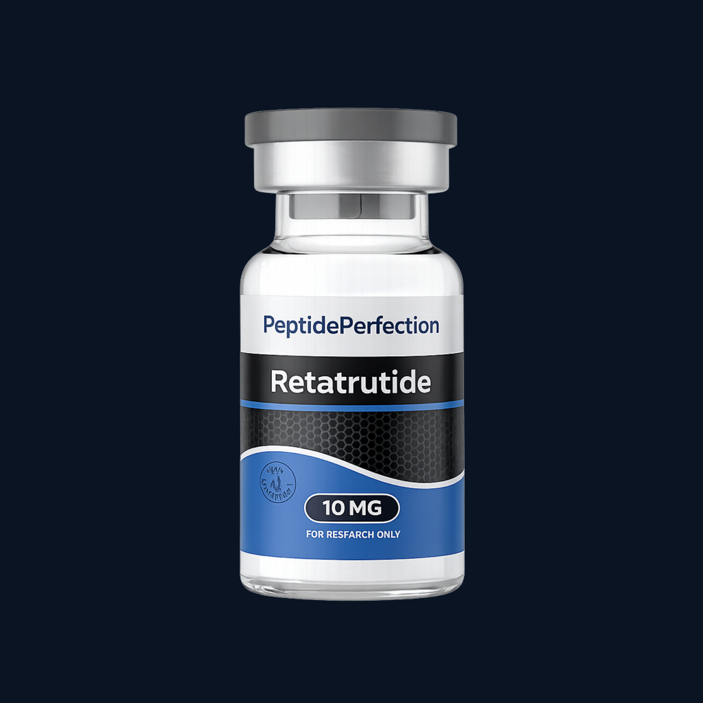 Retatrutide 10mg lyophilized research vial — GLP-1/GIP/glucagon triple-receptor agonist by PeptidePerfection